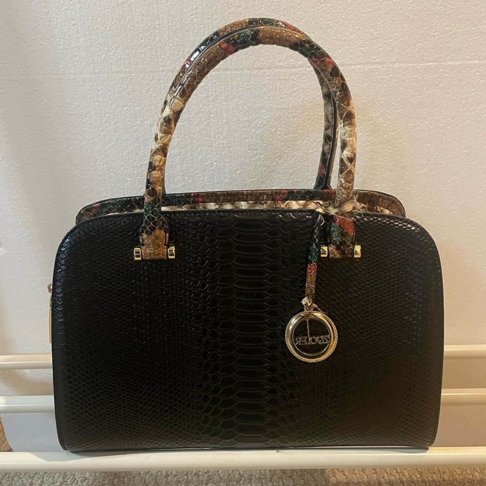 Elegant Black Satchel with Multicolor  Snakeskin Handles